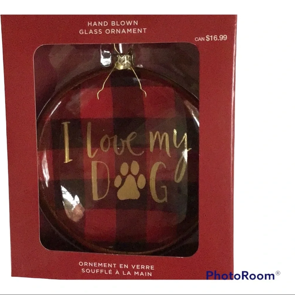 I Love My Dog Red & Black Plaid Hand Blown‎ Glass Ornament NWT